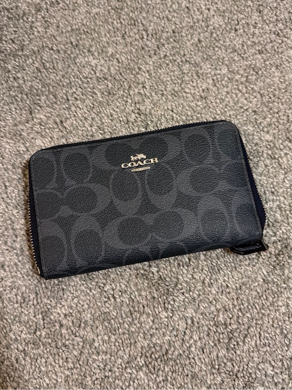 Coach Black Signature Zip Wallet with Gold Logo